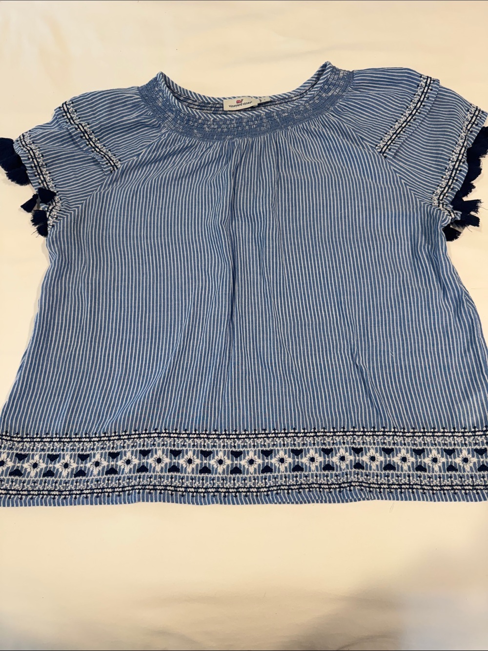 Vineyard women Blue Striped Embroidered Tassel Top